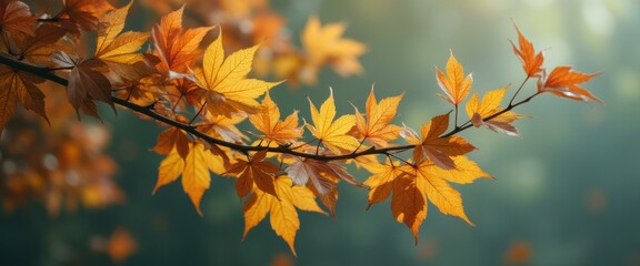 Poster - Autumn Maple Leaves on Branch Glowing in Sunlight, Beautiful Fall Color Display