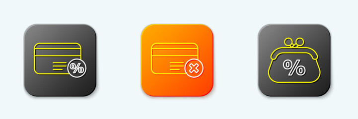 Poster - Set line Discount card with percent, Credit remove and Purse money icon. Vector