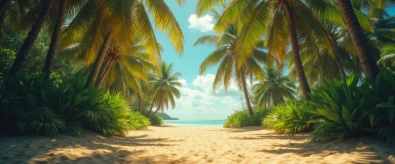 Aufkleber - Tropical Beach Paradise: Golden Sand, Palm Trees, and Turquoise Water Beckon in a Sunny Coastal Escape