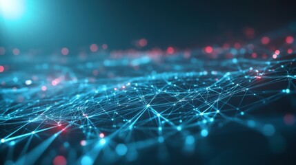 Poster - An abstract visualization of interconnected lines and dots, representing data networks, technology, or digital connections in a vibrant blue and red color scheme.