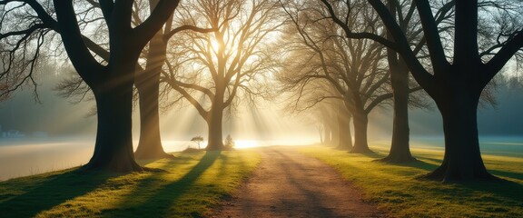 Poster - Sunlit pathway through a misty park with old trees and radiant beams, creating a serene and peaceful atmosphere