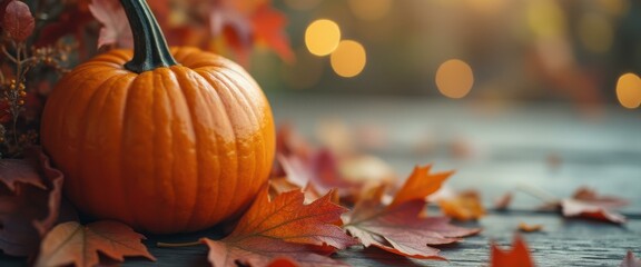 Poster - Pumpkin amidst fall leaves and bokeh lights for a festive seasonal background