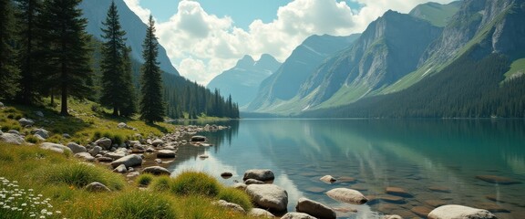 Poster - Tranquil lake with towering mountains, lush forest, and rocky shoreline on a clear day