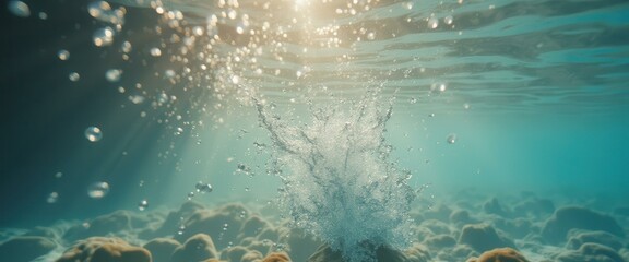 Poster - Underwater Scene with Sunlight, Bubbles, and a Dramatic Water Eruption from the Ocean Floor