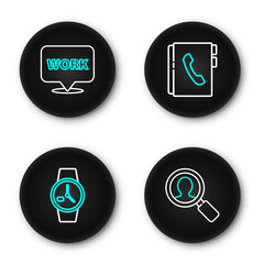 Poster - Set line Magnifying glass for search people, Wrist watch, Address book and Location with text work icon. Vector