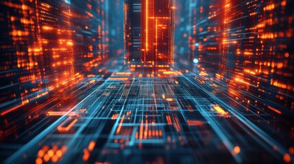 Poster - A futuristic digital corridor filled with glowing lines and circuits, showcasing a blend of blue and orange lights in a high-tech environment.