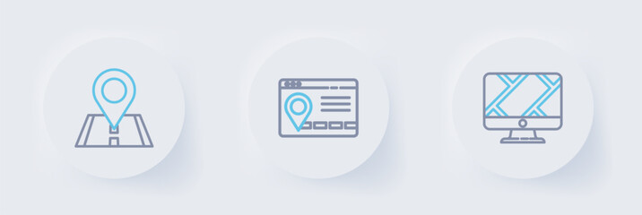 Poster - Set line Monitor with location marker, Infographic of city map navigation and Location icon. Vector