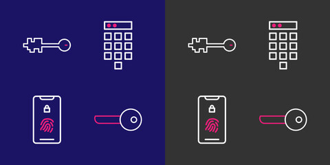 Poster - Set line Key, Mobile with fingerprint scan, Password protection and Old key icon. Vector