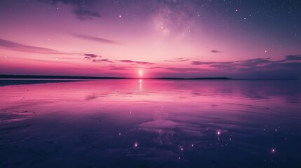 Fototapete - A surreal pink-hued ocean reflecting a sky full of stars.
