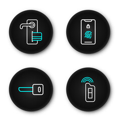 Poster - Set line Car key with remote, Key, Mobile fingerprint scan and Digital door lock icon. Vector