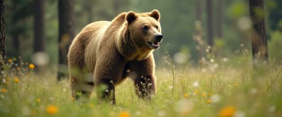 Poster - A majestic grizzly bear gracefully walks through a sunlit meadow filled with wildflowers, embodying the strength and beauty of wildlife.