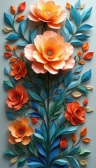 Poster - Paper art of flowers, leaves, and buds in a vibrant and intricate arrangement on a gray background