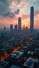 Poster - Epic Dusk Over Metropolis: A Stunning Panorama of Skyscrapers and Urban Life at Sunset