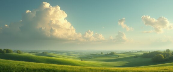 Poster - Serene Green Hills Under a Pastel Sky with Fluffy Clouds - A Tranquil and Scenic Landscape