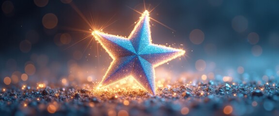 Poster - Sparkling Blue Star Amidst Glittering Orbs - Festive Decorative Ornament for Celebrations and Magical Themes