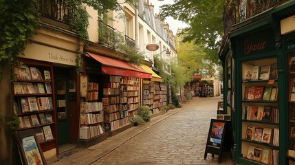 Aufkleber - A vintage European street lined with charming bookstores