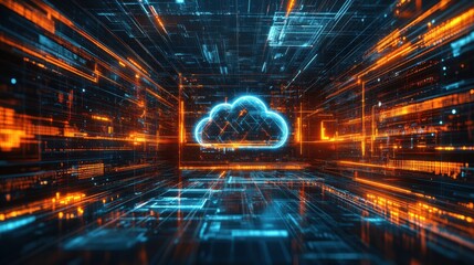 Poster - A futuristic digital landscape featuring a glowing cloud symbol amidst vibrant lines of data and circuitry.