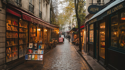 Poster - A vintage European street lined with charming bookstores