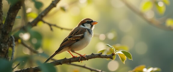 Aufkleber - Sparrow Perched on a Branch in the Morning Light, Detailed Bird Photography, Bright, Natural Setting