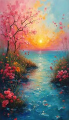 Poster - Impressionistic artwork of a tranquil stream at sunset with vibrant pink flowers and lush foliage.