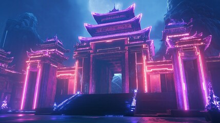 Poster - An ancient temple merged with futuristic neon-lit elements.