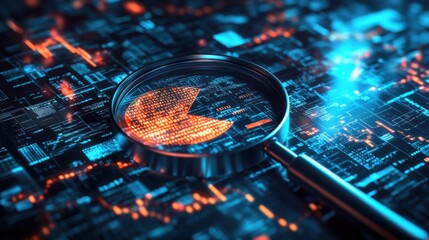 Poster - A magnifying glass focuses on a digital display featuring data, highlighting a pie chart among a vibrant, tech-themed background.