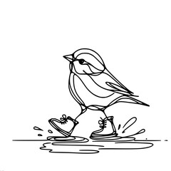 Poster - Line Art Bird Walking in Rain Boots Puddles , single line vector  