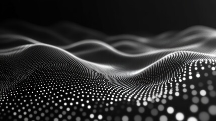 Poster - abstract wave pattern formed by white dots over a dark backdrop suggesting technological innovation and futuristic design with subtle depth of field