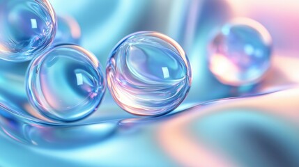 Poster - iridescent spheres on flowing surface abstract rendering with pastel reflections and subtle play of light creating a calming and ethereal visual