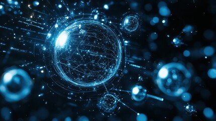 Poster - A futuristic digital representation featuring glowing spheres and interconnected lines, symbolizing technology and data networks.