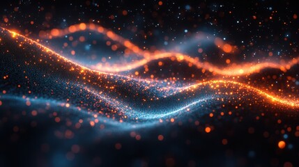 Poster - A vibrant, abstract display of glowing particles in blue and orange, creating a wave-like pattern against a dark background.