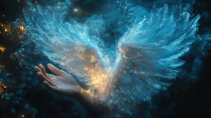 Wall Mural - mystic wings emerge from a hand in a dark ethereal space