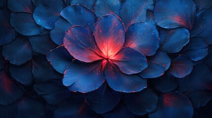 Poster - an intricate abstraction showcasing a deep blue floral arrangement with luminous red accents radiati