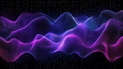 Poster - abstract futuristic landscape with glowing net waves and starry sky creating a dynamic visual for technology and scientific presentation