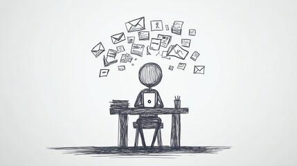Poster - A minimalist illustration of a person at a desk, surrounded by floating messages and emails, depicting the concept of communication and digital work.