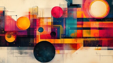 Poster - geometric abstraction with layered shapes and vibrant colors creating a modern and dynamic visual composition with bold circular accents