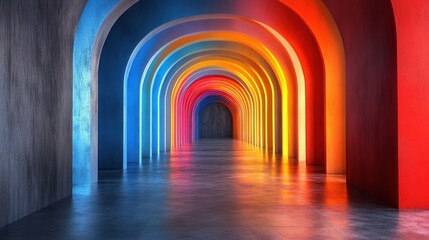 Poster - a mesmerizing hallway of vibrantly colored arches leading to a distant vanishing point creating a sense of depth and intrigue