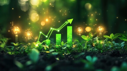 Poster - a vibrant image depicting green plants with a rising graph and glowing light bulbs, symbolizing grow
