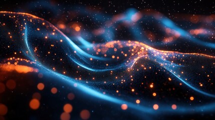 Poster - abstract flowing particle wave with vibrant orange and blue colors against a dark space backdrop creating an elegant and mesmerizing visual