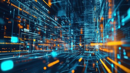 Poster - A vibrant, abstract representation of digital data flow with blue and orange lines, simulating a futuristic cityscape or network of connections.