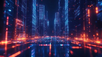 Poster - digital cityscape illuminated with vibrant blue and orange hues representing a futuristic technological network or cyberspace environment