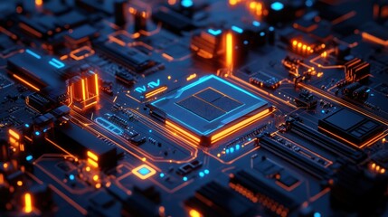 Poster - illuminated circuit board showcasing a central processor with intricate details and neon accents representing the technological marvel