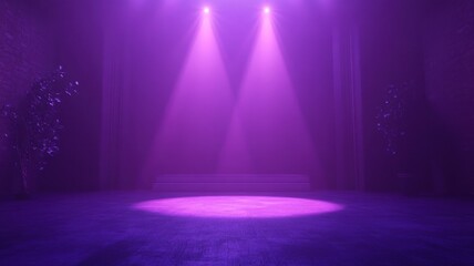 Poster - Two purple illuminating spotlights a hazy and mysterious empty stage, creating a dramatic atmosphere