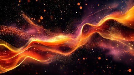 Aufkleber - Golden particles streaming dynamically, swirling across rich dark wave presents technological background with fluid, hypnotic motion