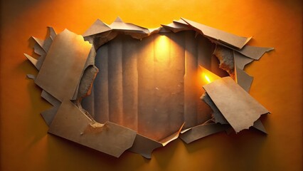 Poster - A creative graphic of torn cardboard revealing an illuminated background, perfect for design projects and digital art. Copy space, commercial use