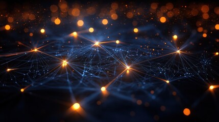 Poster - abstract network landscape connecting nodes with illuminated beams creating digital connections and illuminating points of light above
