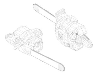 Poster - Two chainsaws are shown in a black and white drawing. The chainsaws are positioned in such a way that they appear to be in motion, with one of them having a chain wrapped around it. Isometric view