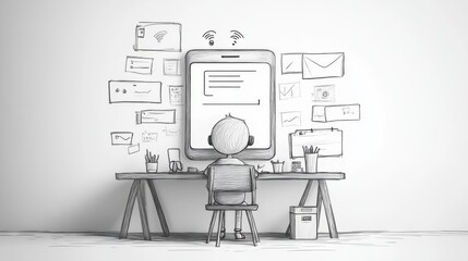 Poster - A child sits at a desk, focused on a large tablet surrounded by various drawings and documents, illustrating a creative workspace.