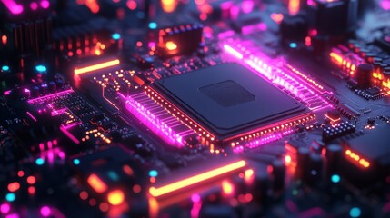 Poster - detailed rendering of a modern circuit board with glowing neon lights representing the intricate network of connections and advanced technology