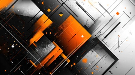 Poster - abstract geometric interplay of orange black and white lines creating a modern and dynamic composition with a grainy texture
